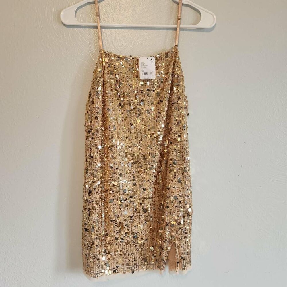 NWT Free People Midnight Kiss Sequin Mini Slip Dress Gold Combo